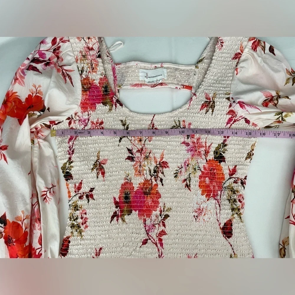 Anthropologie Floral Blouse Size XS/S Smocked Puff Long Sleeve Cotton - Picture 9 of 11